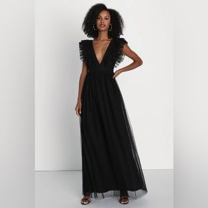Lulu’s Simply Delighted Black Mesh Ruffled
Backless Maxi Dress